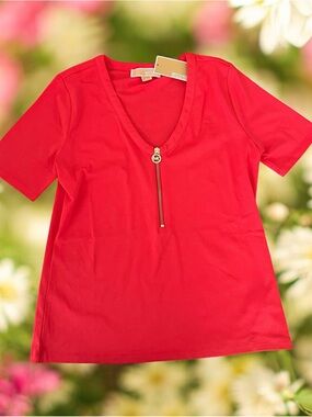 Michael Kors M Red V-Neck Zip Front Women’s Top